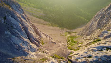 Aerial-Top-Down-Cliff-Waterfall-Carnarvon-Lake,-Kananaskis,-Alberta,-Canada