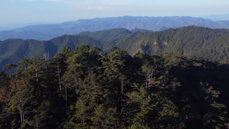 Mountain-forest-aerial-with-distinct-foreground,-middle-and-background