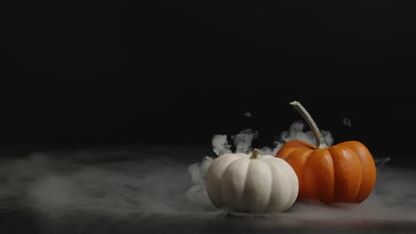 Miniatur-Kürbisse-In-Weiß-Und-Orange-Mit-Dichtem-Rollenden-Nebel-Für-Halloween