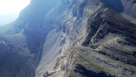 Aerial-of-Layered-Ancient-Jagged-Rocky-Mountains,-Carnarvon-Peak,-Kananaskis,-Alberta,-Canada