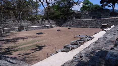Pan-across-ancient-temples-in-East-Court-at-Copan-ruins-in-Honduras
