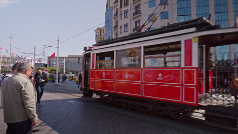 Iconic-electric-red-tram-arrives-at-Taksim-square-terminus-Istanbul