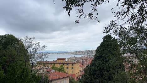 Panoramic-view-of-the-City-of-Nice,-France-from-Castle-Hill-with-the-Mediterranean-coast-in-the-background