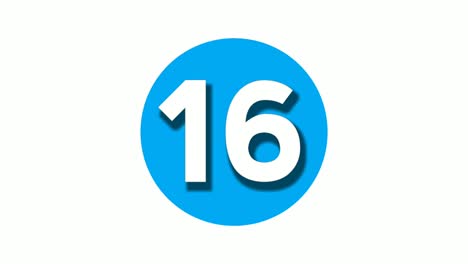 Número-16-Dieciséis-Símbolos-De-Signos-Animación-Gráficos-En-Movimiento-Sobre-Fondo-Blanco-De-Círculo-Azul,-Número-De-Vídeo-De-Dibujos-Animados-Para-Elementos-De-Vídeo