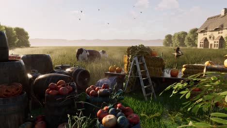 pumpkin-market-inside-a-grass-field-with-barrels,-an-old-truck,-a-scarecrow-and-a-cottage-at-the-back,-3D-animation,-animated-scenery,-camera-zoom-in