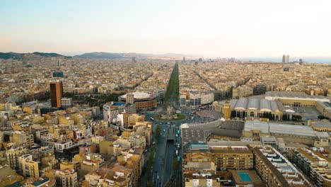 Following-Above-Gran-Via-Towards-Plaça-D\'espanya,-In-The-Historic-City-Of-Barcelona