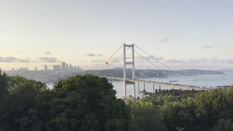 Istanbul-Bosphorus-Bridge-as-birds-soar-across-sky,-soft-sunset-above-skyling