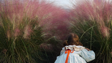 Ein-Kleines-Mädchen-Im-Retro-Kleid-Erkundet-Das-Versteck-Im-Rosafarbenen-Gras-Auf-Der-Kräuterinsel-In-Südkorea