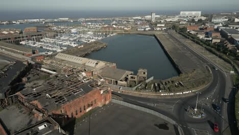 Grimsby-Ice-Company-Verlassenes-Gebäude-Docks-Hafen-Hafen-Luftbild-Historische-Industrie-Ostküste-Großbritanniens