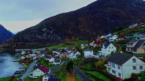 Beautiful-iconic-township-of-Norway-coastal-town,-aerial-drone-view