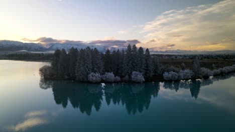 Bäume-Spiegeln-Sich-Bei-Sonnenuntergang-An-Einem-Wintertag-Im-See