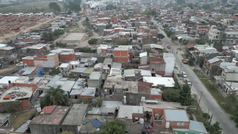 Panoramic-aerial-view-of-overcrowded-Villa-Fiorito-slums-in-Buenos-Aires,-Argentina