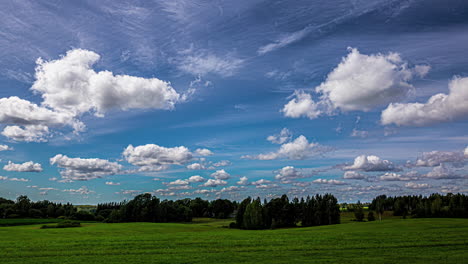 White-fluffy-clouds-grow-and-rise-in-blue-sky-above-grassy-meadow-and-forest,-time-lapse