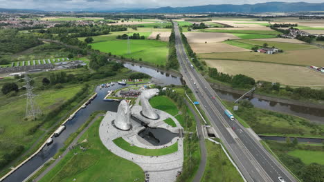 4K-stationary-aerial-of-The-Kelpies,-the-largest-quine-sculptures-in-the-world