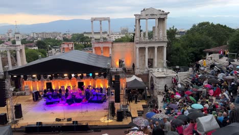 Panoramic-shot-of-the-stage-of-Ancient-Theatre-of-Plovdiv,-Roman-Theatre-of-Philippopolis,-Bulgaria