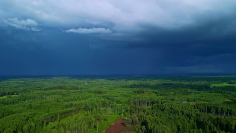 Dunkelblaue-Und-Graue-Sturmwolken-Sammeln-Sich-über-Dem-Dichten-Wald,-Der-Unten-Gerodet-Wird