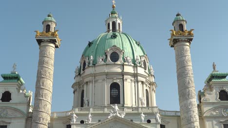 The-Karlskirche-is-a-Baroque-church-located-on-the-south-side-of-Karlsplatz-in-Vienna,-Austria