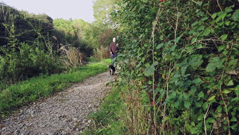 A-man-and-his-black-dog-with-a-white-patch-on-its-chest-walking-on-a-canal-towpath
