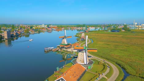 Beautiful-Aerial-drone-footage-of-still-windmills-in-Zaanse-Schans,-Netherlands