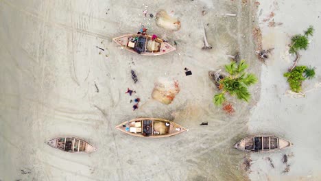 Top-View-Of-Bangladeshi-Wooden-Boats-With-Local-Fishermen