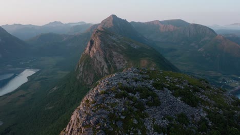 Rocky-Peak-Landscape,-Mountains-In-Strytinden,-Norway---aerial-drone-shot