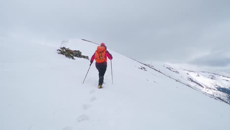 Woman-climbing-mountain-with-backpack-and-poles-nears-snow-covered-summit-to-complete-the-hike