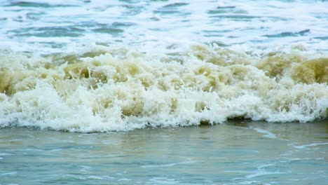 Slow-Motion-Shot-of-Murky-and-Foamy-Waves-Crashing-on-the-Shore