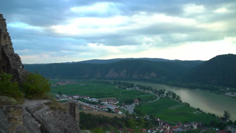 Panoramic-Look-of-Ruins-of-Durnstein-castle-Overlooking-Little-Town-of-Durnstein
