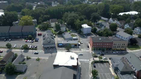 High-angle-pan-across-suburban-road-of-small-college-town-of-Northampton-Massachusetts
