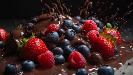 Chocolate-sauce-being-poured-on-blueberries-raspberries-and-strawberries