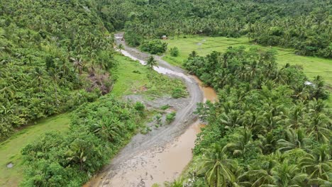 Luftaufnahme-Des-Surigao-Flusses-Im-Regenwald-Mit-Vielen-Kokospalmen-Während-Des-Regens