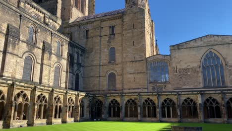 Durham-Cathedral-Tower-and-Cloisters-on-a-bright-sunny-day-with-clear-blue-skies
