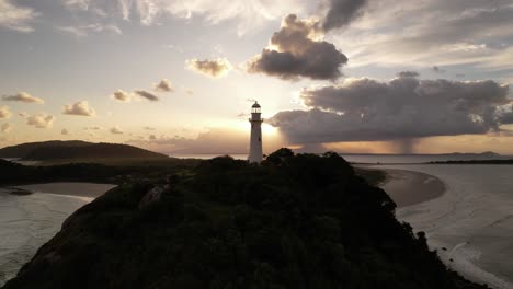 Aerial-view-of-the-Farol-das-Conchas-lighthouse-and-beaches-of-Ilha-do-Mel,-Paranaguá,-Paraná,-Brazil