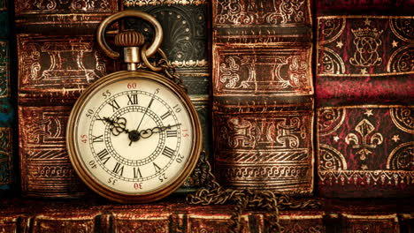 Vintage-antique-pocket-watch-against-the-background-of-old-books