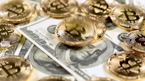 Gold-Bit-Coin-BTC-coins-and-dollar-bills.