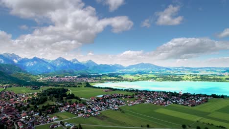 Panorama-from-the-air-Forggensee-and-Schwangau,-Germany,-Bavaria