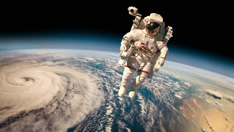 Astronaut-in-outer-space-against-the-backdrop-of-the-planet-earth.-Typhoon-over-planet-Earth.