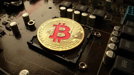Gold-Bit-Münze-BTC-Münzen-Auf-Dem-Motherboard.-Bitcoin-Ist-Ein-Weltweites-Kryptowährungs--Und-Digitales-Zahlungssystem,-Das-Als-Erste-Dezentrale-Digitale-Währung-Bezeichnet-Wird.