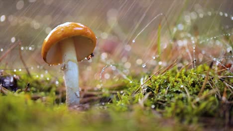 Amanita-muscaria,-Fly-agaric-Mushroom-In-a-Sunny-forest-in-the-rain.