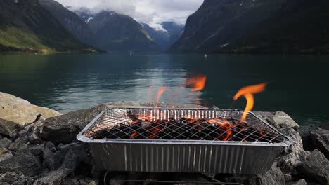 Disposable-barbecue-grid.-Beautiful-Nature-Norway-natural-landscape.