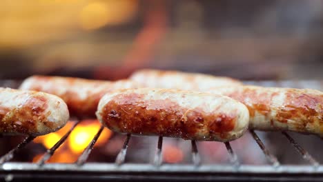 Delicious-juicy-sausages,-cooked-on-the-grill-with-a-fire