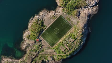Norway-Lofoten-Football-field-stadium-in-Henningsvaer-from-above.