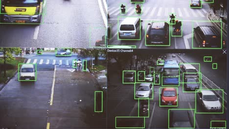 CCTV-camera.-Real-time-tracking-of-vehicles-and-people-on-the-street.-Authentic-pixelated-image-from-a-real-monitor.
