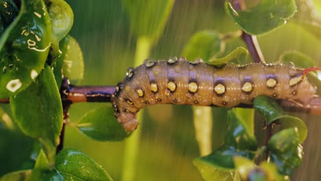 Caterpillar-Bedstraw-Hawk-Moth-crawls-on-a-branch-during-the-rain.-Caterpillar-(Hyles-gallii)-the-bedstraw-hawk-moth-or-galium-sphinx,-is-a-moth-of-the-family-Sphingidae.