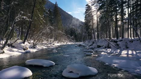 Beautiful-snow-scene-forest-in-winter.-Flying-over-of-river-and-pine-trees-covered-with-snow.