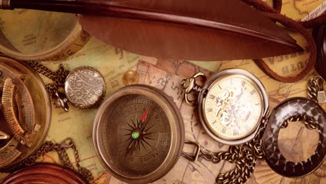 Vintage-style-travel-and-adventure.-Vintage-old-compass-and-other-vintage-items-on-the-table.