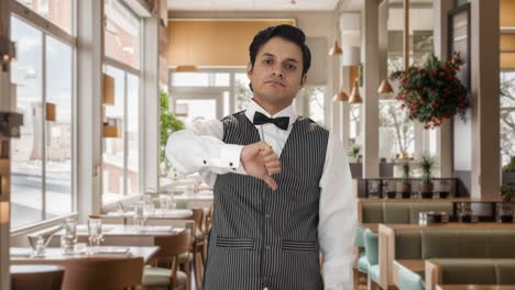 Disappointed-Indian-waiter-showing-thumbs-down