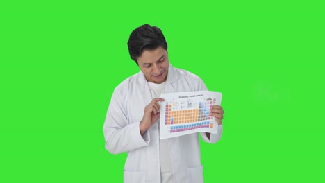 Feliz-Científico-Indio-Explicando-La-Pantalla-Verde-De-La-Tabla-Periódica