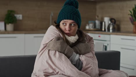 Caucasian-woman-wearing-the-warm-clothes-and-covering-the-duvet.