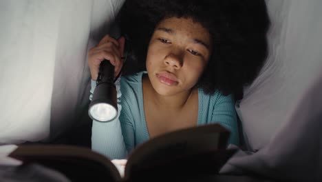 Teenage-girl-spending-night-time-under-blanket-on-reading-book-with-torch